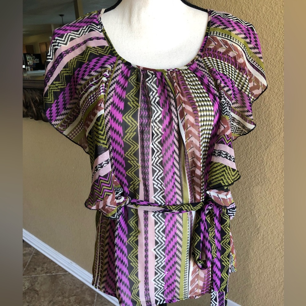 XXI Forever Purple Olive Green Chevron Geometric Flutter Sleeve Belted Blouse S